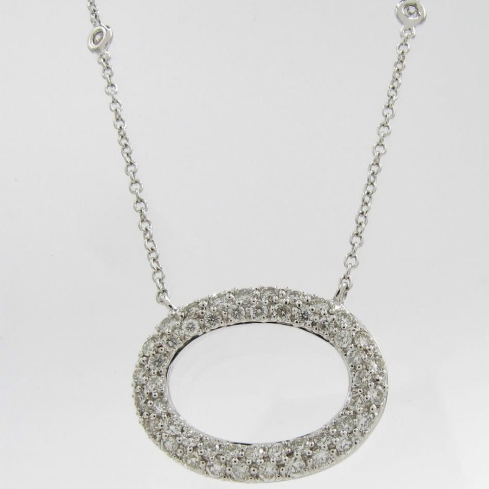18K White Gold Diamond Open Oval East West Necklace